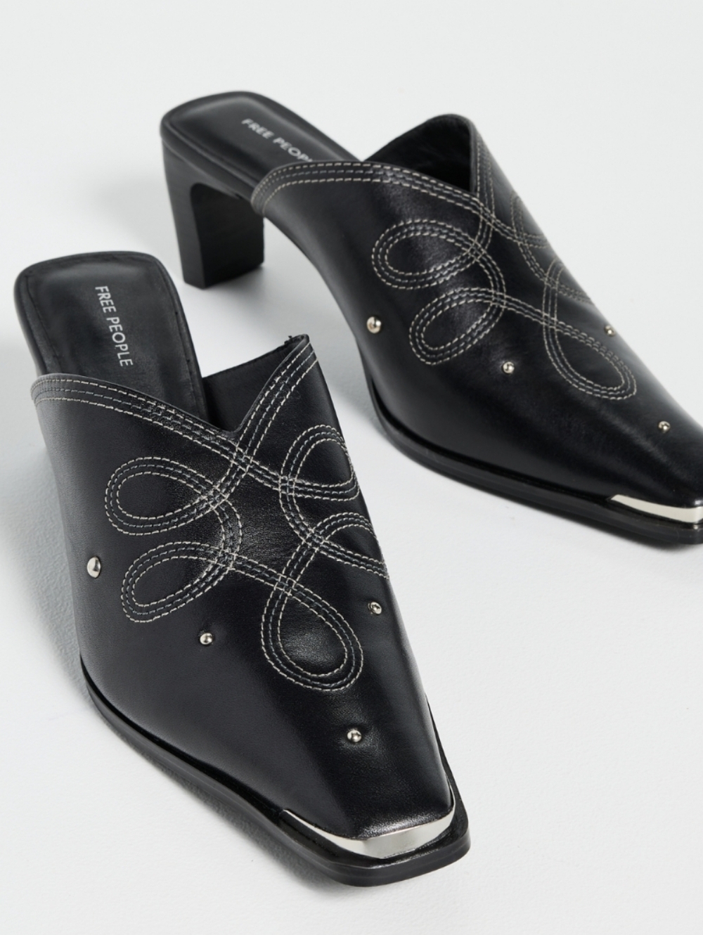Free People Roxi Silver Toe Black Leather Western Inspired Mules sz 8